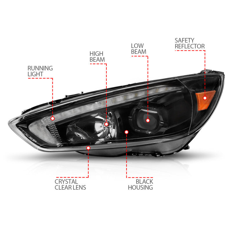 ANZO 15-18 Ford Focus Projector Headlights - w/ Light Bar Switchback Black Housing - Burkken Auto Parts