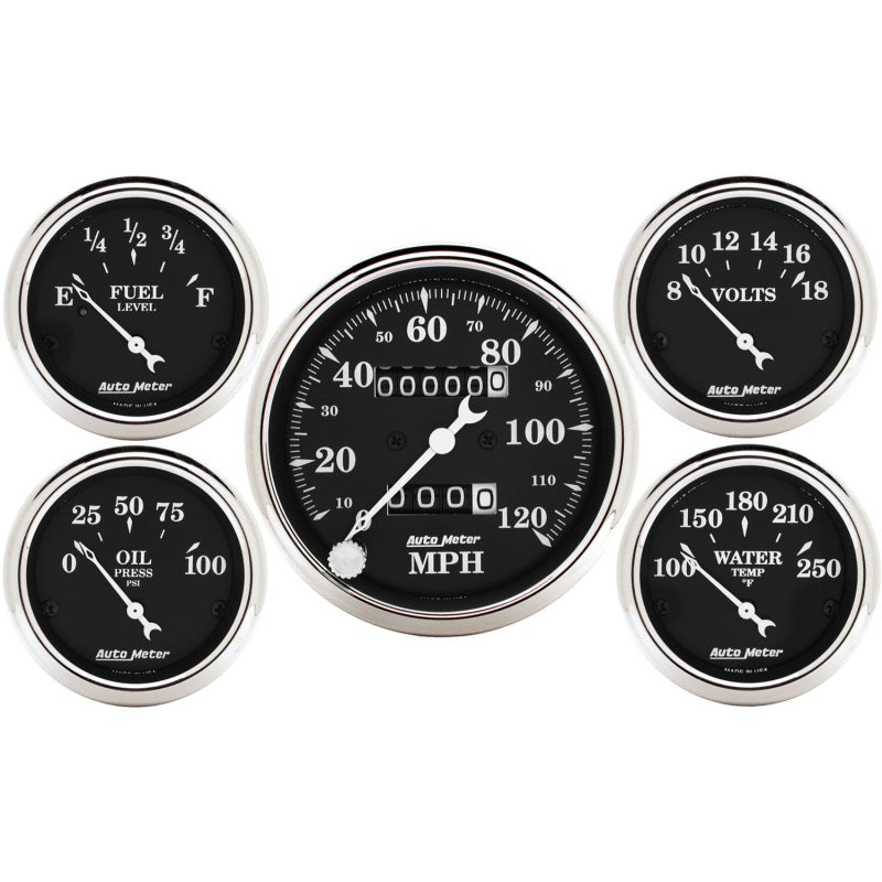 Auto Meter Gauge Kit 5 pc. 3 1/8in & 2 1/16in Mechanical Speedometer Old Tyme Black - Burkken Auto Parts