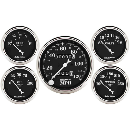 Auto Meter Gauge Kit 5 pc. 3 1/8in & 2 1/16in Mechanical Speedometer Old Tyme Black - Burkken Auto Parts