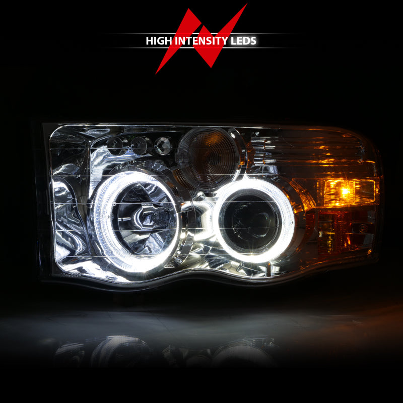 ANZO 2002-2005 Dodge Ram 1500 Projector Headlights w/ Halo Chrome Clear Amber - Burkken Auto Parts