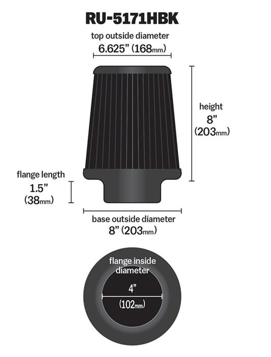 K&N Universal Rubber Filter-Round Tapered 4in Flange ID x 8in Base OD x 6.625in Top OD x 8in H - Burkken Auto Parts