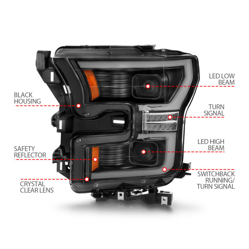 ANZO 15-17 Ford F-150 LED Projector Headlights - w/ Light Bar Switchback Black Housing - Burkken Auto Parts