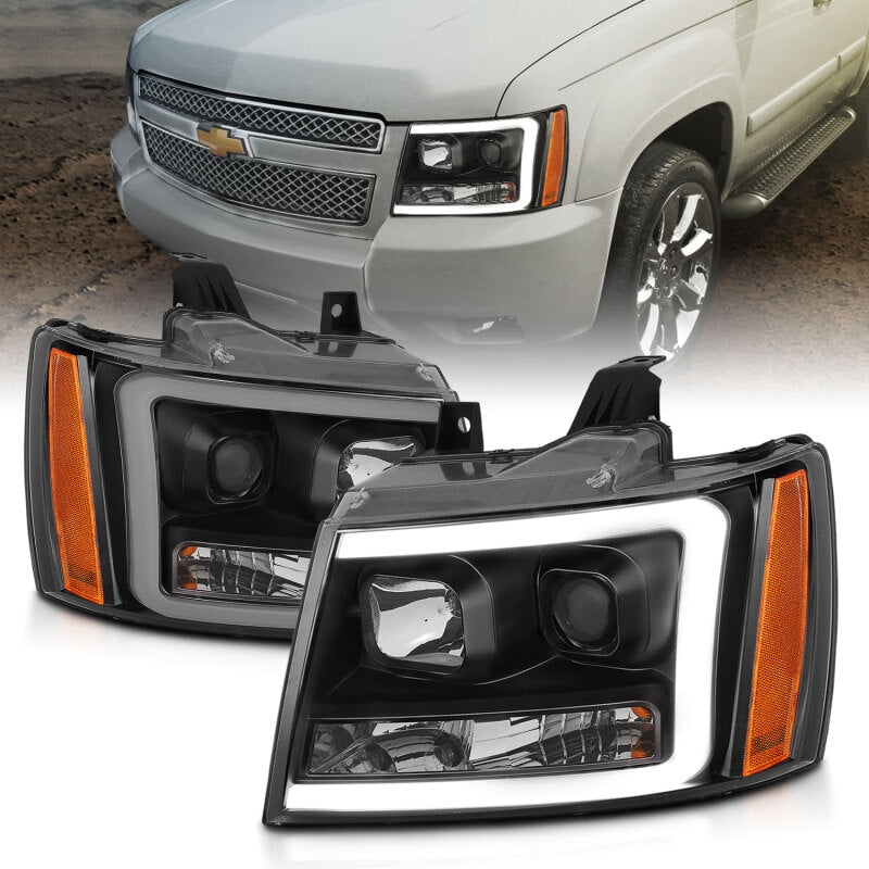 ANZO 07-14 Chevy Tahoe Projector Headlights w/ Plank Style Design Black w/ Amber - Burkken Auto Parts
