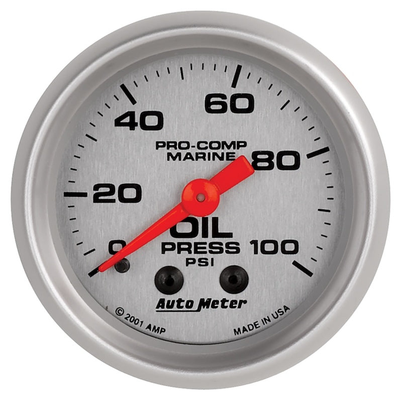 Autometer Marine Silver Oil Pressure 2 1/16in 100 psi Mechanical Gauge - Burkken Auto Parts