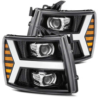 AlphaRex 07-13 Chevy 1500 LUXX LED Proj Headlights Plank Style Jet Blk w/ Activ Light/Seq Signal/DRL - Burkken Auto Parts