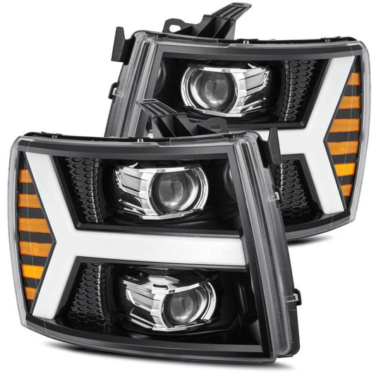 AlphaRex 07-13 Chevy 1500 LUXX LED Proj Headlights Plank Style Jet Blk w/ Activ Light/Seq Signal/DRL - Burkken Auto Parts