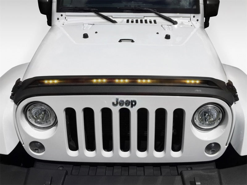 AVS 2007-2018 Jeep Wrangler JK Aeroskin Low Profile Hood Shield w/ Lights - Black - Burkken Auto Parts