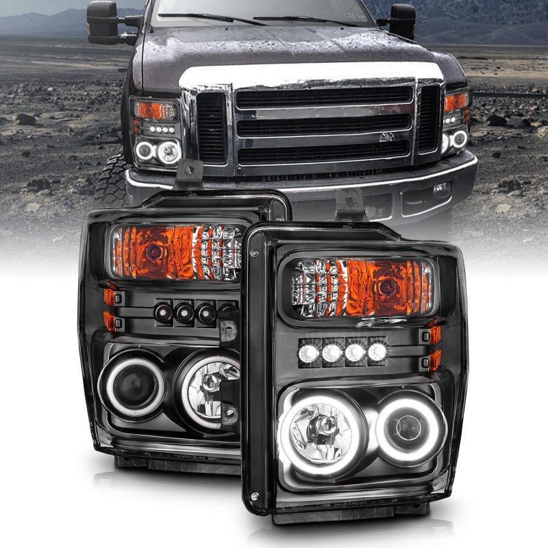 ANZO 2008-2010 Ford F-250 Projector Headlights w/ Halo Black (CCFL) - Burkken Auto Parts