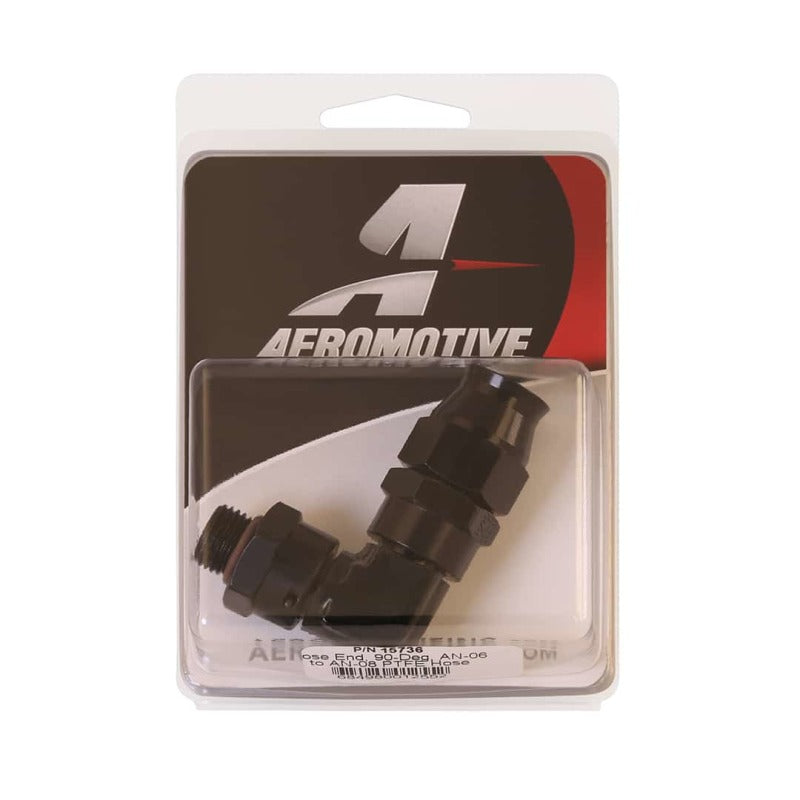 Aeromotive PTFE Hose End - AN-06 to AN-08 Hose - 90 Deg - Black Anodized - Burkken Auto Parts