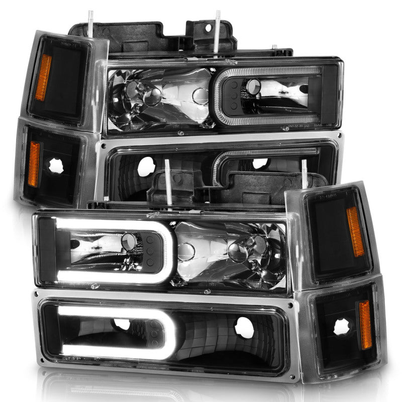 ANZO 88-98 Chevrolet C1500 Crystal Headlights w/ Light Bar Black Housing w/ Signal Side Markers 8Pcs - Burkken Auto Parts