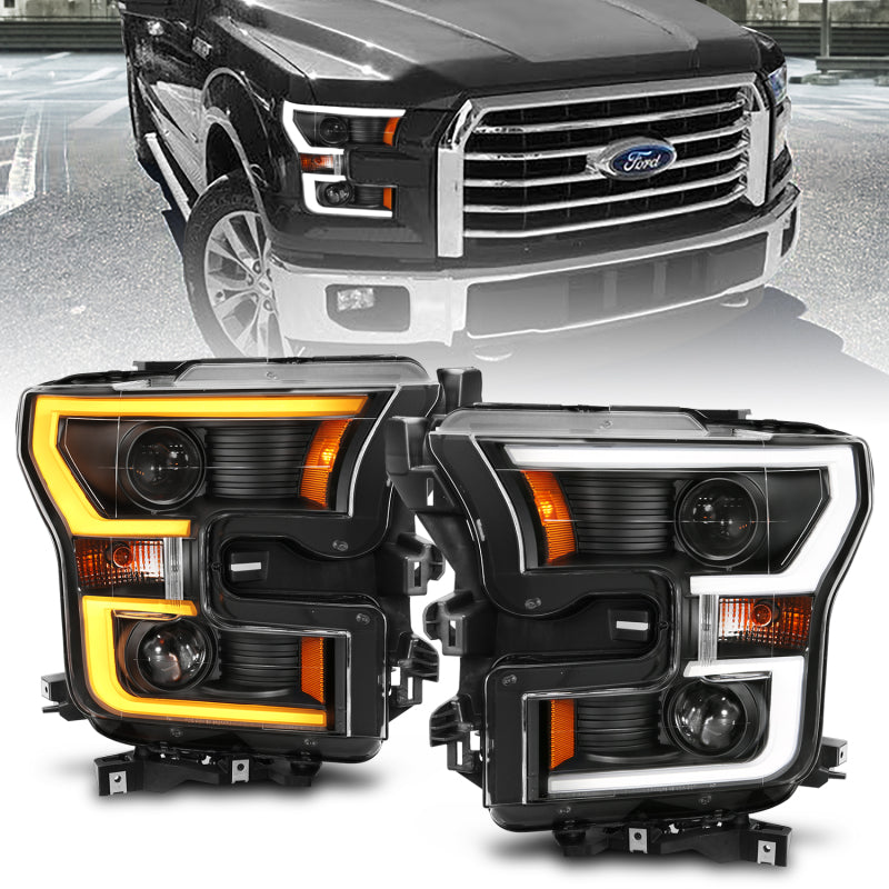 ANZO 2015-2017 Ford F-150 Projector Headlights w/ Plank Style Switchback Black w/ Amber - Burkken Auto Parts