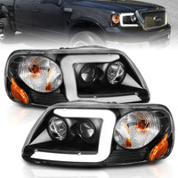 ANZO 1997-2003 Ford F-150 Projector Headlights w/ Light Bar Black Housing - Burkken Auto Parts