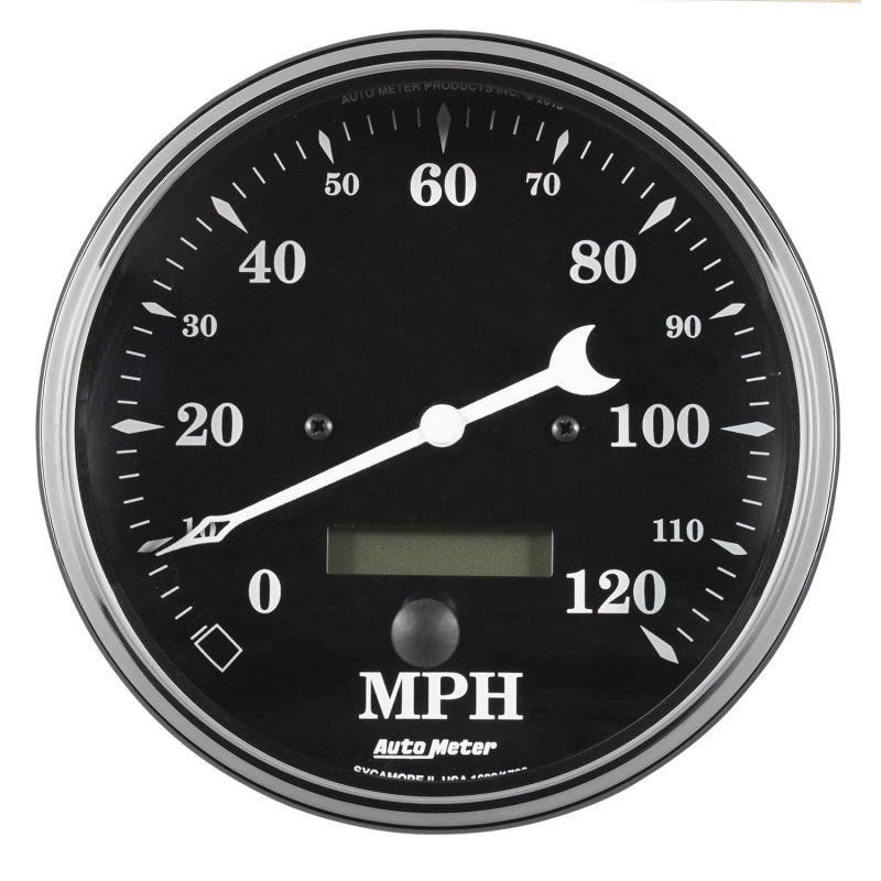 Auto Meter Gauge Speedo. 5in 120mph Elec. Prog. w/ LCD Odo Old Tyme Black - Burkken Auto Parts