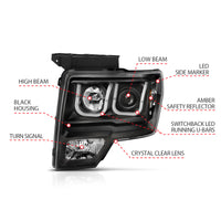 ANZO 2009-2014 Ford F-150 Projector Headlights w/ U-Bar Switchback Black w/ Amber - Burkken Auto Parts