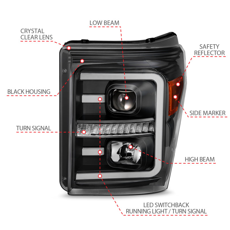 ANZO 2011-2016 Ford F250 Projector Headlights w/ Plank Style Switchback Black w/ Amber - Burkken Auto Parts