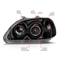 ANZO 1996-1998 Honda Civic Projector Headlights w/ Halo Black - Burkken Auto Parts