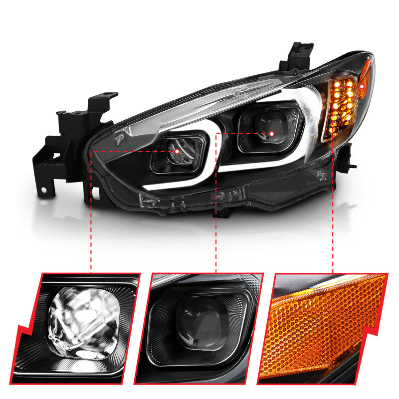 ANZO 2014-2015 Mazda 6 Projector Headlights w/ Plank Style Design Black - Burkken Auto Parts