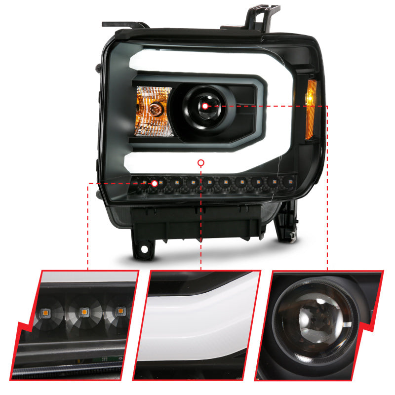 ANZO GMC SIERRA 1500 14-15 2500H/15-19 Projector Headlight Plank Style Black w/ Switchback (Halogen) - Burkken Auto Parts