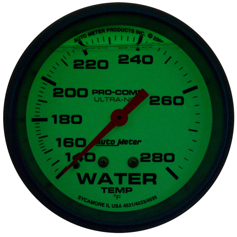Autometer Ultra-Nite 2-5/8in 140-280 Degree Liquid Filled Mechanical Glow In Dark Water Temp Gauge - Burkken Auto Parts