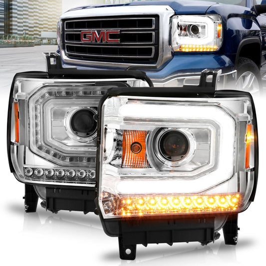 ANZO 2014-2015 GMC Sierra 1500 Projector Headlights w/ Light Bar Chrome Housing (Halogen Type) - Burkken Auto Parts