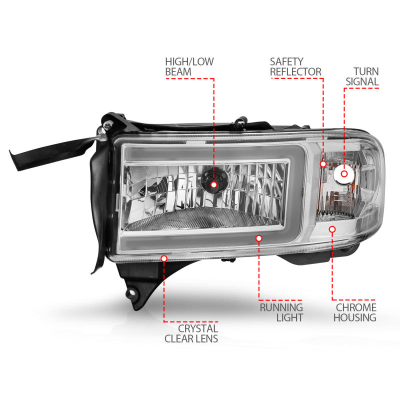 ANZO 94-02 Dodge RAM Crystal Headlight - w/ Light Bar Chrome Housing - Burkken Auto Parts