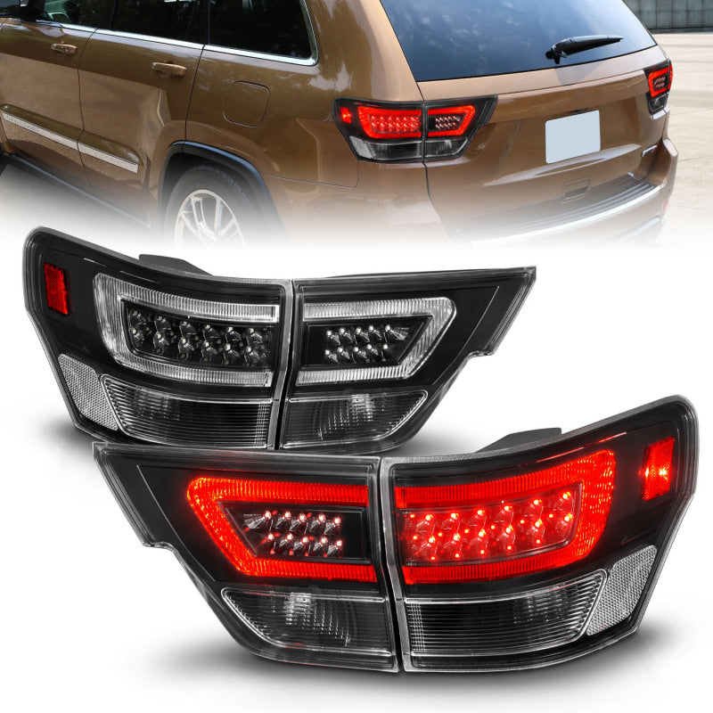 ANZO 11-13 Jeep Grand Cherokee LED Taillights w/ Lightbar Black Housing/Clear Lens 4pcs - Burkken Auto Parts