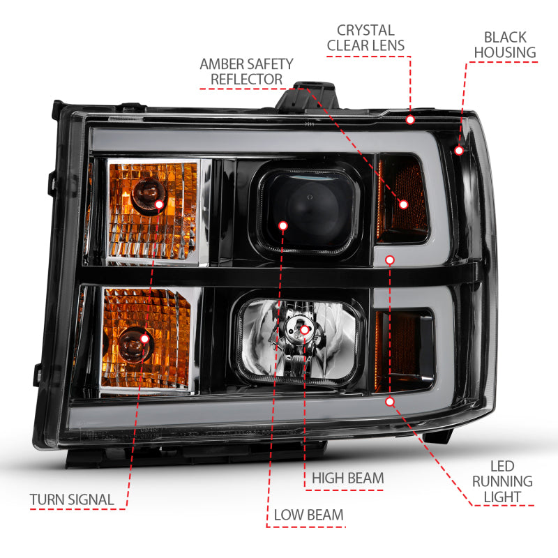 ANZO 2007-2013 GMC Sierra 1500 Projector Headlight Plank Style Black w/ Clear Lens Amber - Burkken Auto Parts