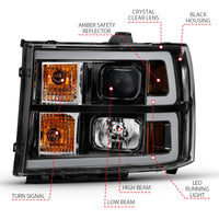 ANZO 2007-2013 GMC Sierra 1500 Projector Headlight Plank Style Black w/ Clear Lens Amber - Burkken Auto Parts