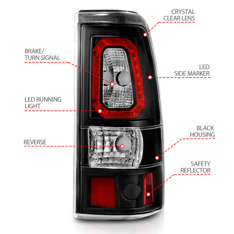 ANZO 1999-2002 Chevy Silverado 1500 LED Taillights Plank Style Black w/Clear Lens - Burkken Auto Parts