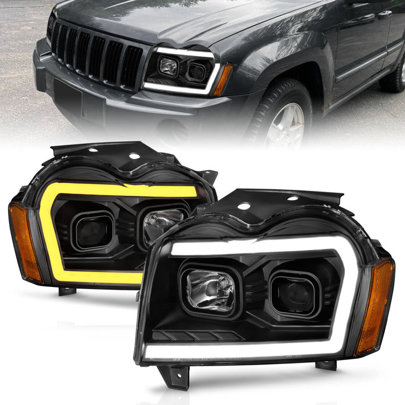 ANZO 2005-2007 Jeep Grand Cherokee Projector Headlights w/ Light Bar Switchback Black Housing - Burkken Auto Parts