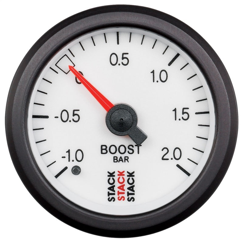 Autometer Stack 52mm -1 to +2 Bar T-Fitting 0.187in Barb (M) Mechanical Boost Pressure Gauge - White - Burkken Auto Parts