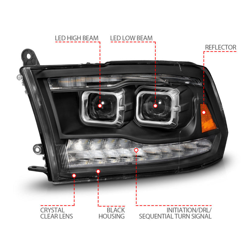 ANZO 09-18 Dodge Ram 1500/2500/3500 Full LED Proj Headlights w/Switchback Light Bar - Black - Burkken Auto Parts