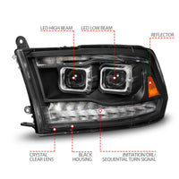 ANZO 09-18 Dodge Ram 1500/2500/3500 Full LED Proj Headlights w/Switchback Light Bar - Black - Burkken Auto Parts