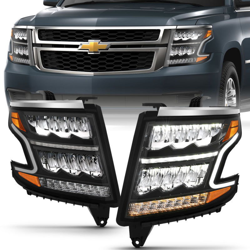 ANZO 15-20 Chevy Tahoe/Suburban LED Light Bar Style Headlights Black w/Sequential w/DRL w/Amber - Burkken Auto Parts