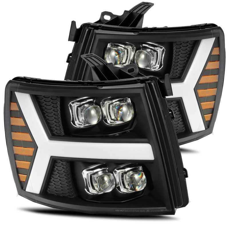 AlphaRex 07-13 Chevy 1500HD NOVA LED Proj Headlights Plank Style Matte Blk w/Activ Light/Seq Signal - Burkken Auto Parts