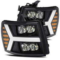 AlphaRex 07-13 Chevy 1500HD NOVA LED Proj Headlights Plank Style Matte Blk w/Activ Light/Seq Signal - Burkken Auto Parts