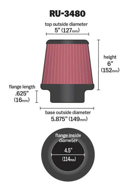 K&N Universal Rubber Filter 4 1/2 inch FLG / 5 7/8 inch Base / 5 inch Top / 6 inch Height - Burkken Auto Parts