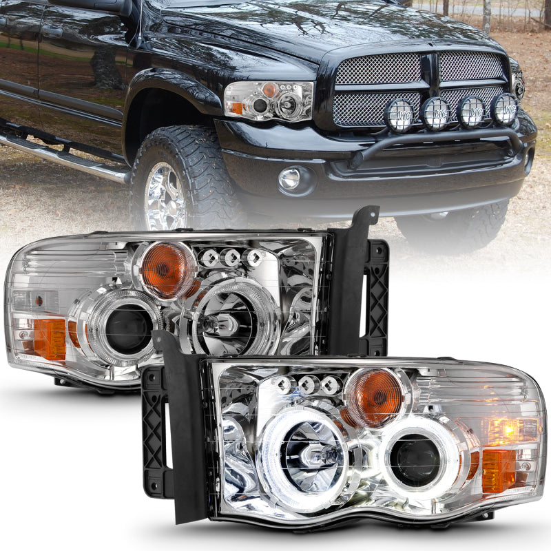 ANZO 2002-2005 Dodge Ram 1500 Projector Headlights w/ Halo Chrome Clear Amber - Burkken Auto Parts