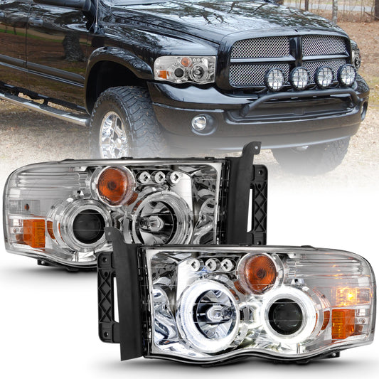 ANZO 2002-2005 Dodge Ram 1500 Projector Headlights w/ Halo Chrome Clear Amber - Burkken Auto Parts