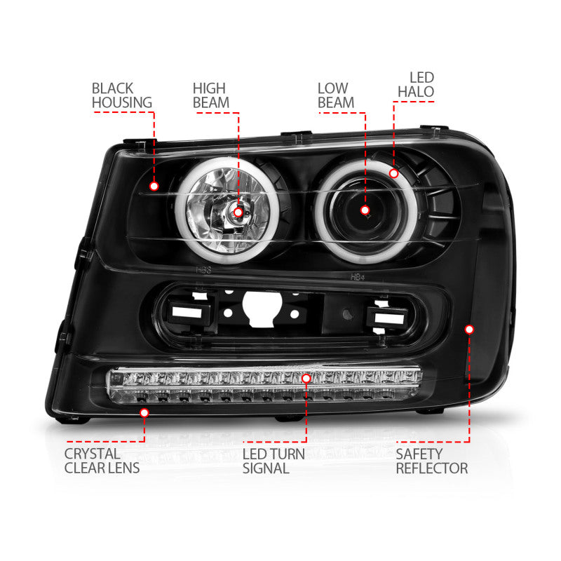 ANZO 2002-2009 Chevrolet Trailblazer Projector Headlights w/ Halo Black - Burkken Auto Parts