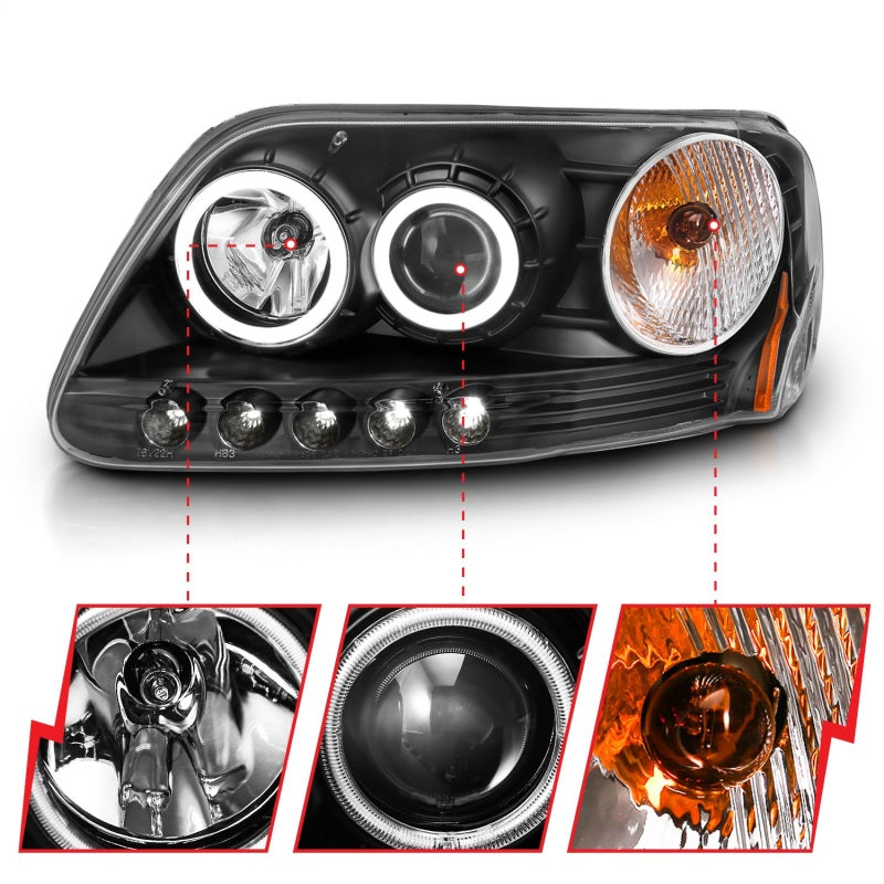 ANZO 1997-2003 Ford F-150 Projector Headlights w/ Halo Black (CCFL) - Burkken Auto Parts