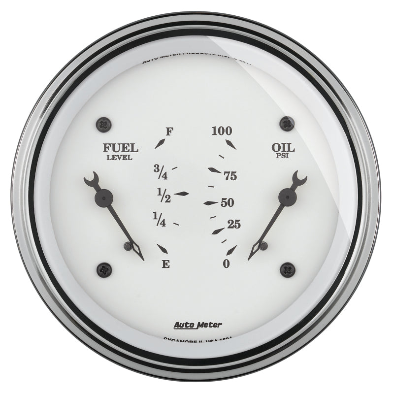 AutoMeter Gauge Dual Fuel & Oilp 3-3/8in. 0 Ohm(e) to 90 Ohm(f)& 100PSI Elec Old Tyme White - Burkken Auto Parts
