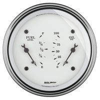 AutoMeter Gauge Dual Fuel & Oilp 3-3/8in. 0 Ohm(e) to 90 Ohm(f)& 100PSI Elec Old Tyme White - Burkken Auto Parts
