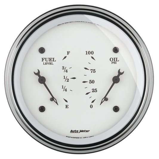 AutoMeter Gauge Dual Fuel & Oilp 3-3/8in. 0 Ohm(e) to 90 Ohm(f)& 100PSI Elec Old Tyme White - Burkken Auto Parts