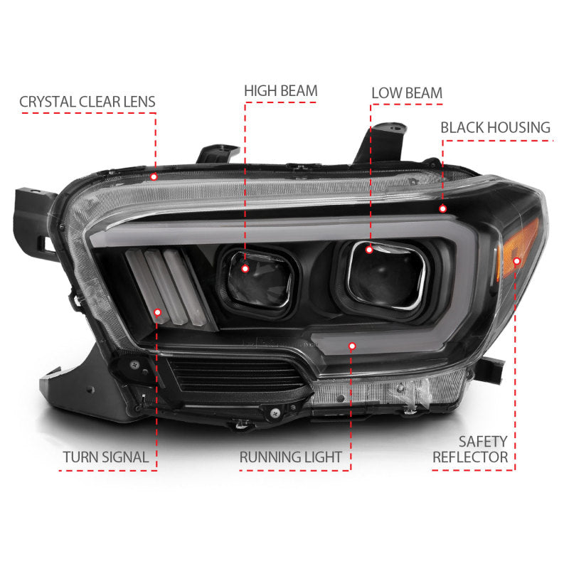 ANZO 2016-2017 Toyota Tacoma Projector Headlights w/ Plank Style Switchback Black w/ Amber - Burkken Auto Parts