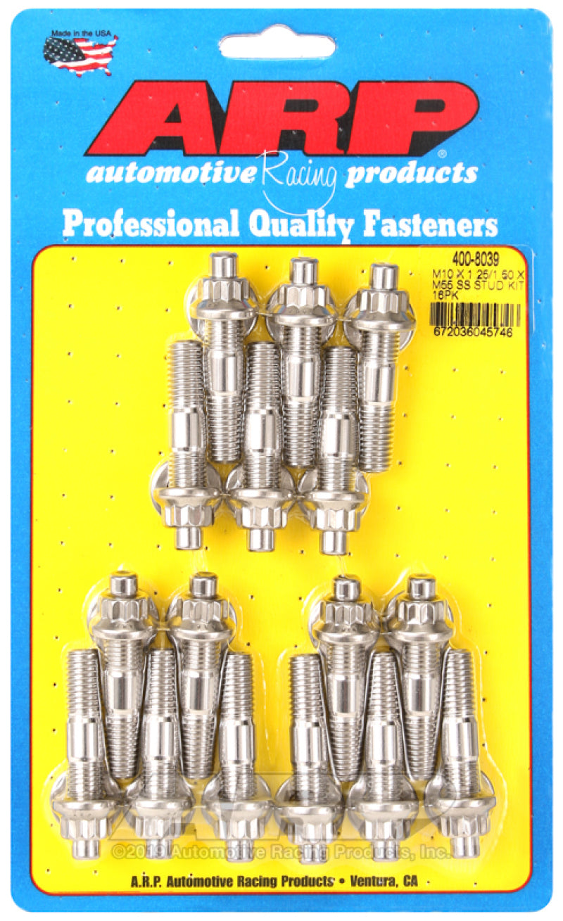 ARP M10 x 1.25/1.50 x 55mm Stainless Steel Broached Stud Kit - 16 Pieces - Burkken Auto Parts