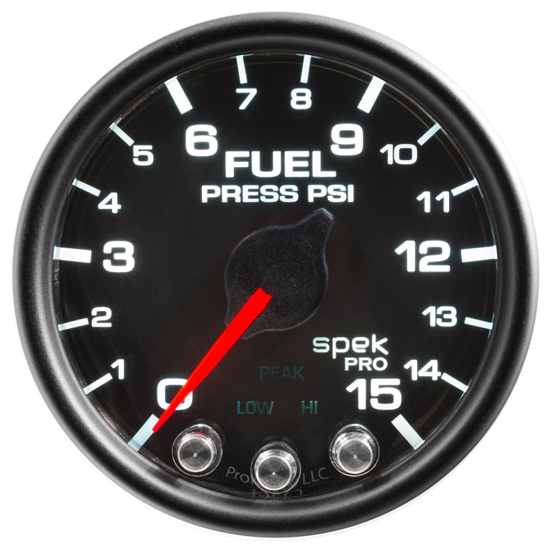 Autometer Spek-Pro Gauge Fuel Press 2 1/16in 15psi Stepper Motor W/Peak & Warn Blk/Blk - Burkken Auto Parts