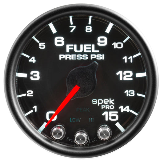 Autometer Spek-Pro Gauge Fuel Press 2 1/16in 15psi Stepper Motor W/Peak & Warn Blk/Blk - Burkken Auto Parts