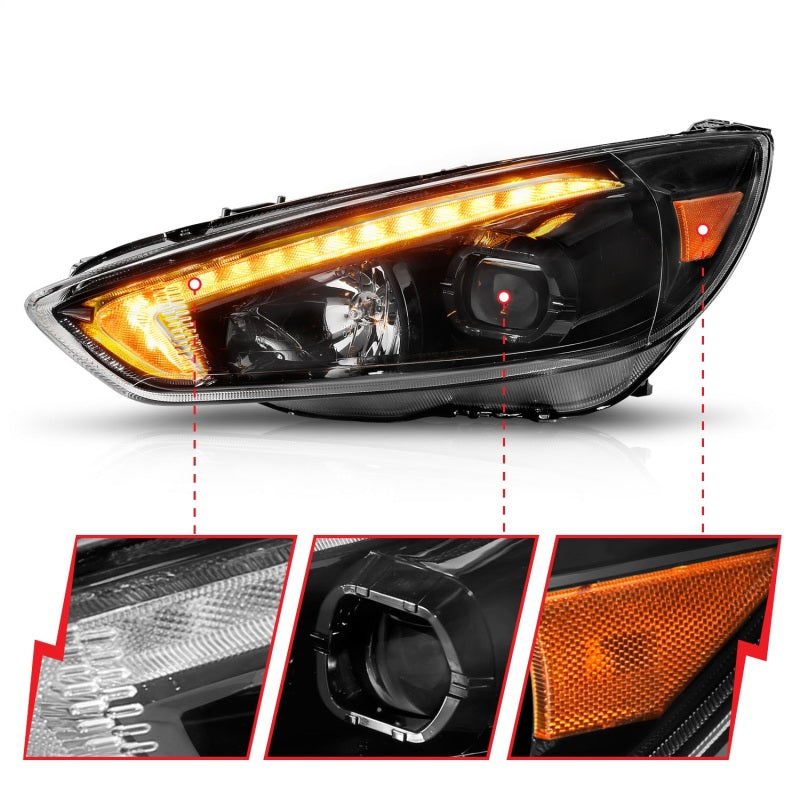 ANZO 15-18 Ford Focus Projector Headlights - w/ Light Bar Switchback Black Housing - Burkken Auto Parts