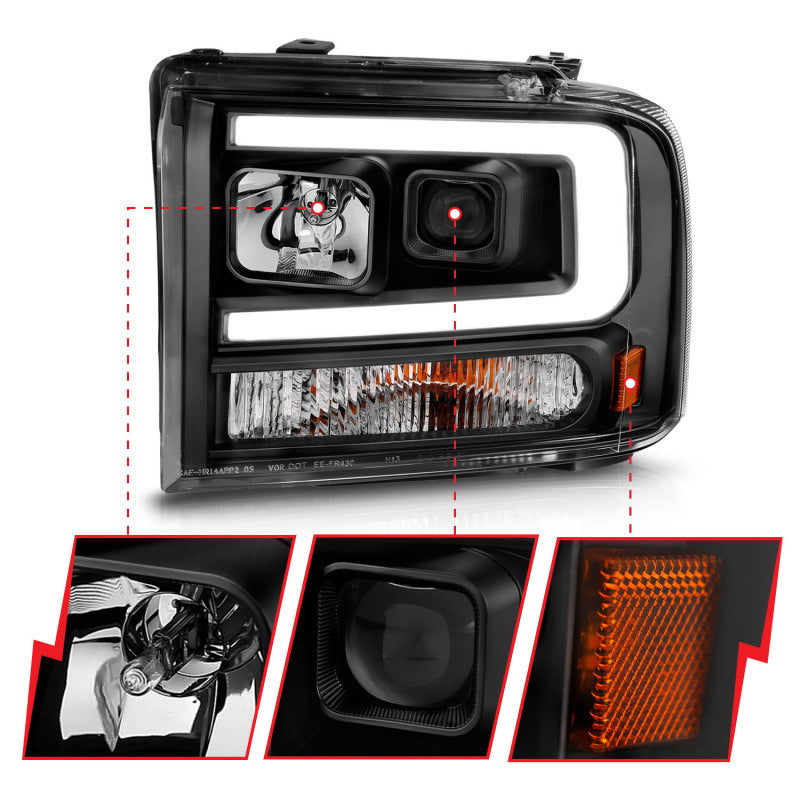 ANZO 99-04 Ford F250/F350/F450/Excursion (excl 99) Projector Headlights - w/ Light Bar Black Housing - Burkken Auto Parts